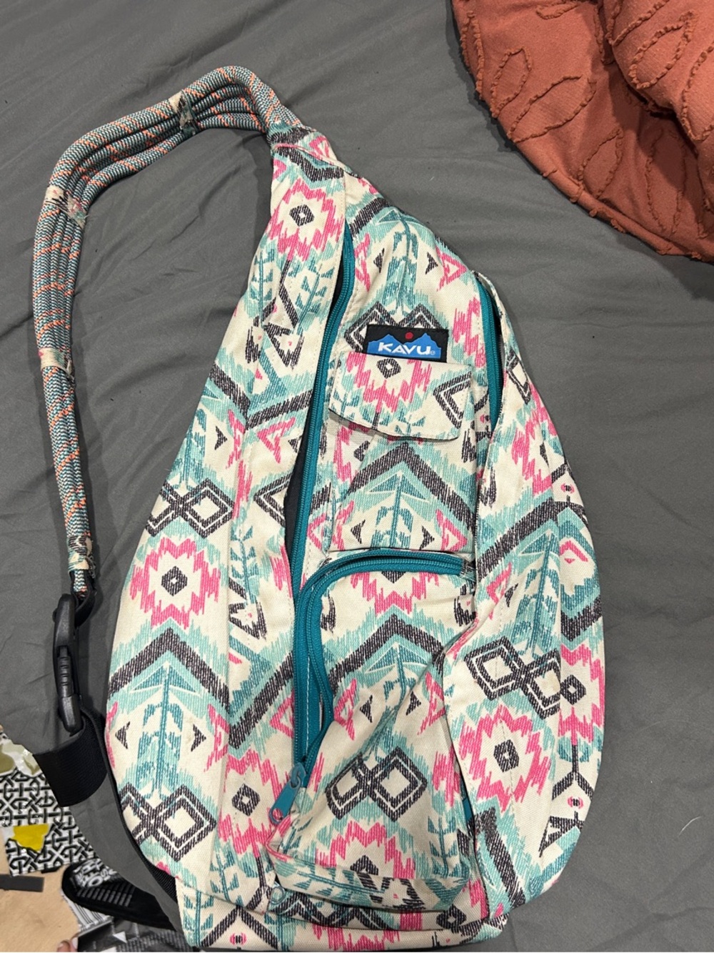 Kavu Teal, Pink & Cream Patterned Crossbody Sling Bag